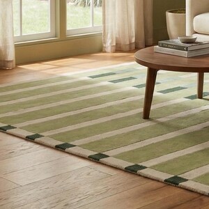 Handmade green striped wool rug designed using hand tufted technique, displayed under a coffee table in a stylish living room. The contemporary stripe pattern enhances modern home decor while the premium wool ensures durability and softness. Suitable for living room, bedroom, dining area, or office, this luxury area rug is available in multiple sizes such as 5x8 ft, 6x9 ft, and 8x10 ft for perfect floor coverage.