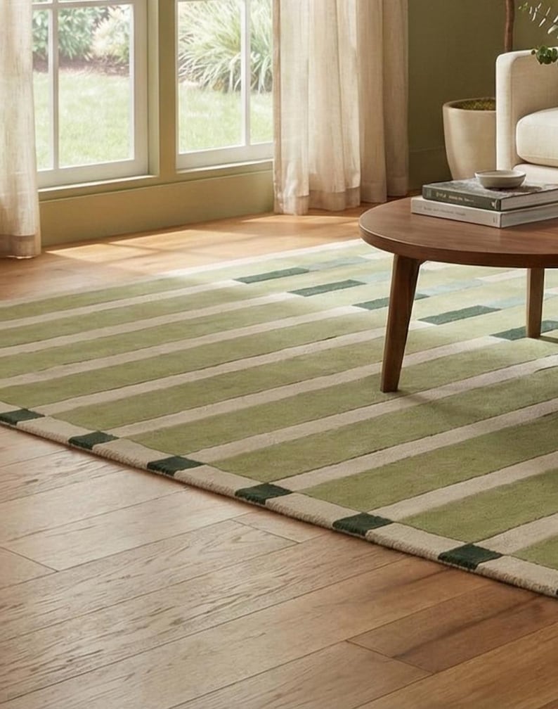 Handmade green striped wool rug designed using hand tufted technique, displayed under a coffee table in a stylish living room. The contemporary stripe pattern enhances modern home decor while the premium wool ensures durability and softness. Suitable for living room, bedroom, dining area, or office, this luxury area rug is available in multiple sizes such as 5x8 ft, 6x9 ft, and 8x10 ft for perfect floor coverage.
