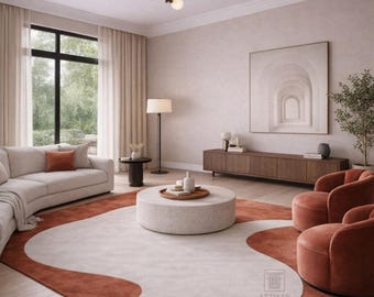 Hand Tufted Abstract Area Rug, Modern Wavy Rug, Terracotta Cream Living Room Rug, Handmade Statement Carpet