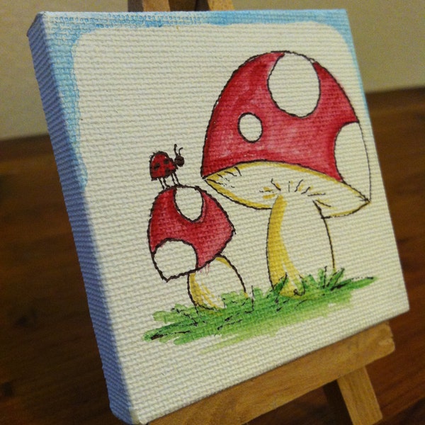 Original Painting // Toadstool // Mini Painting // Mushrooms with a lady bug