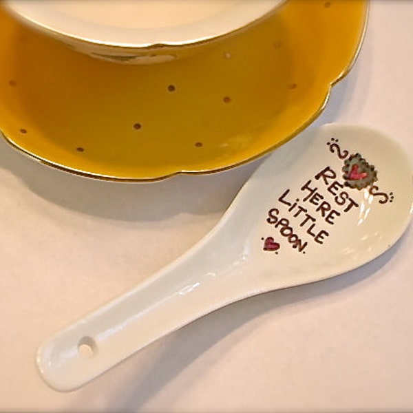 Tea spoon rest, stirrer rest, tea bag holder, little hearts "Rest Here Little Spoon"