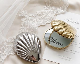 Engraved Shell Compact Makeup Mirror, Portable Handheld Small Mirror, Elegant Bridesmaid Gift & Wedding Party Favor