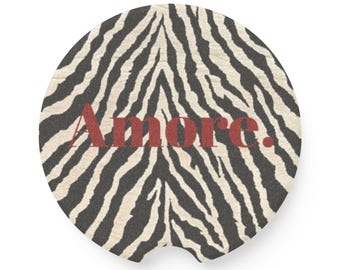 Amore Zebra Pattern Soapstone Car Coaster | Heartfelt Script, Animal Print