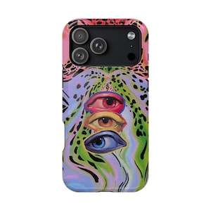 May include: A rectangular smartphone case featuring a vibrant, multi-colored abstract pattern with green, purple, and orange hues. The design includes three stacked, realistic human eyes in red, brown, and blue, set against a swirling, textured background.