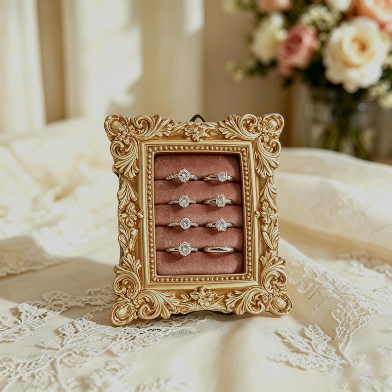 May include: A rectangular gold-toned ornate picture frame repurposed as a ring display stand. The interior features a dusty rose velvet cushion with four horizontal slots, each holding two silver-toned rings with clear stones and smooth bands.