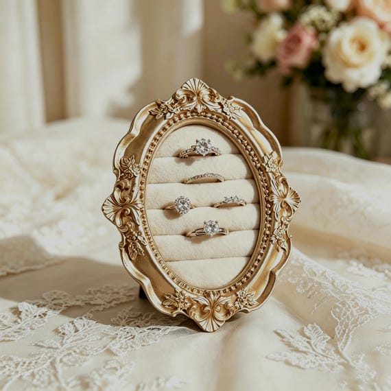 Vintage Wedding Ring Holder, Oval Ring Display Frame, Velvet Jewelry Organizer, Engagement Ring Stand, Bridal Gift Decor
