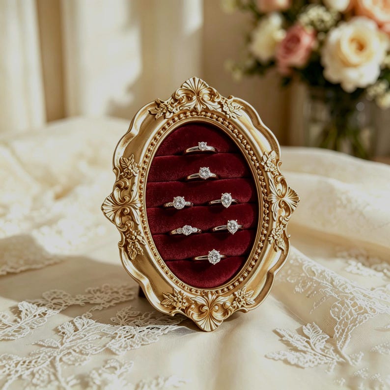 May include: An oval-shaped ring display stand featuring an ornate gold-colored frame with intricate floral carvings. The interior is lined with deep red velvet fabric, containing six horizontal slots that hold six silver-toned rings with clear stones.