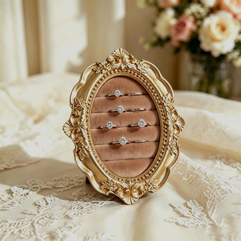 May include: An oval ring display holder featuring an ornate gold-toned frame with intricate scrollwork and floral details. The interior is lined with soft, light brown velvet, containing five horizontal slots that hold several silver-toned rings.