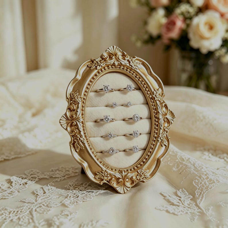 May include: An oval-shaped gold display frame with ornate floral detailing, featuring a cream-colored velvet insert with five horizontal slots. Ten silver-toned rings with clear stones are arranged in pairs within the slots of the display.