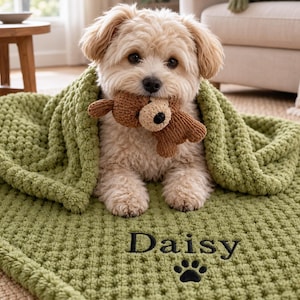 May include: A light-coloured, fluffy dog sits on a textured sage green blanket, holding a small brown knitted teddy bear in its mouth. The blanket features the embroidered name Daisy in black thread, accompanied by a small black paw print icon.