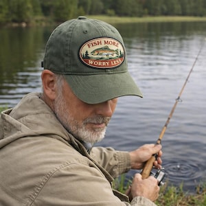 May include: Olive green baseball cap with an embroidered patch that reads "FISH MORE WORRY LESS" with a fish illustration. The cap is worn by a person fishing near a lake.