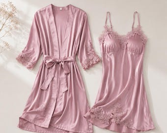 Silk Nightgown Robe Set, Lace Trim Sleepwear, Women's Loungewear