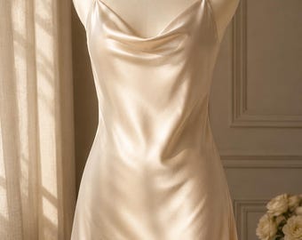 Satin Lace Trim Nightgown and Robe Set, Champagne Bridal Sleepwear