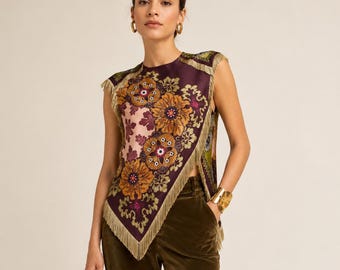 Boho Fringe Scarf Top, Floral Asymmetrical Blouse, Vintage Inspired Sleeveless Top, Western Chic Statement Shirt