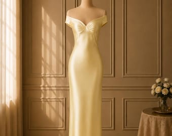 Off Shoulder Satin Maxi Dress, Backless Silk Evening Gown, Elegant Wedding Guest Dress, Minimalist Bridesmaid Dress, Summer Party Dress