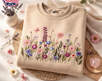 Felpa ricamata con fiori selvatici, girocollo floreale in stile cottagecore, pullover botanico primaverile