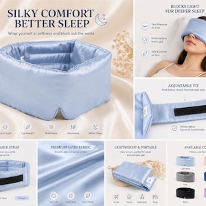 May include: A light blue satin sleep mask with an adjustable strap. The mask is designed to block light for deeper sleep. The image also shows the mask in other colors, including pink, gray, navy, black, and purple.