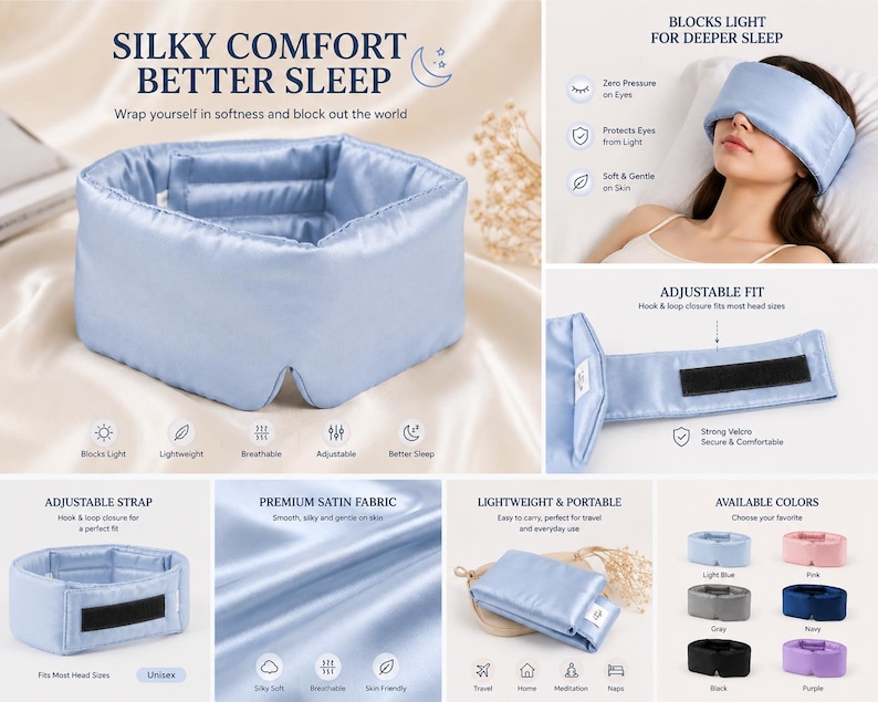 May include: A light blue satin sleep mask with an adjustable strap. The mask is designed to block light for deeper sleep. The image also shows the mask in other colors, including pink, gray, navy, black, and purple.