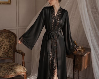 Satin Robe for Women, White Black Lace Robe, Bridal Robe, Long Silk Feel Kimono, Luxury Wedding Robe, Honeymoon Gift