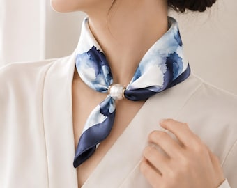 Watercolor Silk Neck Scarf with Pearl Ring,  Elegant Blue Satin Bandana, Chic Mini Hair Scarf for Women, French Style Gift