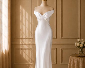 Schulterfreies Satin Brautkleid, rückenfreies Abendkleid aus Seide, elegantes langes Seidenkleid, minimalistisches Brautjungfernkleid, Maxikleid mit offenem Rücken