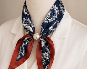 Silk Neck Scarf for Women, Elegant Paisley Satin Bandana, Vintage Blue Office Chic Accessory