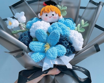 Handmade Crochet Graduation Bouquet – Blue Amigurumi Flowers with Custom Graduate Doll, Perfect Gift for Students & Graduates