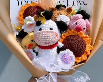 Ramo de graduación de crochet, regalo amigurumi de vaca y girasol hecho a mano, regalo único para ella, recuerdo de la promoción de 2025