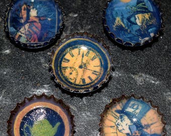 Set of 5 Alice In Wonderland Mad Hatter Halloween Handmade Bottle Cap Magnets