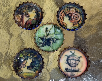 Steampunk Debutante Handmade Upcycled Bottle Cap Magnet Set of Five