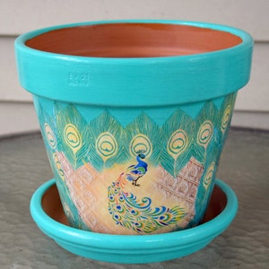 Large Exotic Peacock Decorative Decoupage Flower Pot 8 in. and Saucer