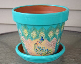 Large Exotic Peacock Decorative Decoupage Flower Pot 8 in. and Saucer