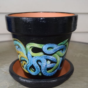 Exotic Snake Decorative Decoupage Flower Pot and Saucer