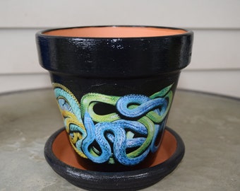 Exotic Snake Decorative Decoupage Flower Pot and Saucer