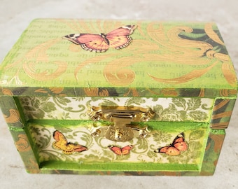 Mini March Gold and Green Butterfly Trinket Box