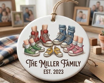 Personalized Family Sneaker Ornament | Custom 3" Wood Keepsake | High-Gloss Family Portrait Gift