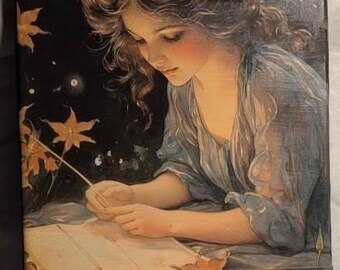 Backlit Canvas Art – Girl Reading Celestial Garden, Hand-Decoupaged Wall Decor