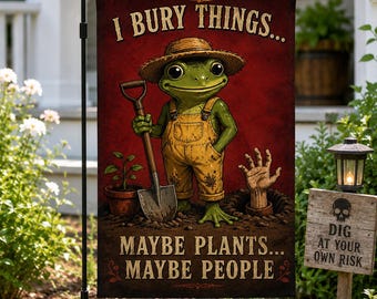Funny Frog Garden Flag, Dark Humor Gardener Decor, Spooky Outdoor Yard Art (12x18")