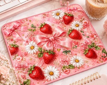 Personalized Strawberry Bow Mousepad, Coquette Desk Mat, Pink Floral Girly Decor