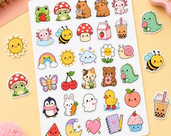 Kawaii Sticker Sheet – 30 Piece Animal & Food Designs (Kid Friendly)