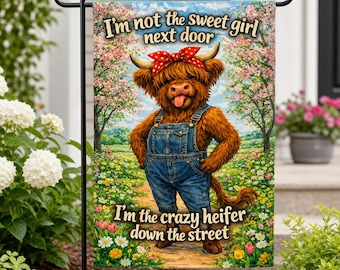 Funny Highland Cow Garden Flag, Sassy Heifer Yard Decor, Farmhouse Porch (12x18")