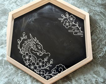 Small Custom Etched Dragon Hexagon Mirror | Floral Glass Wall Decor | Witchy Fantasy Art