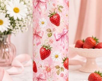 Personalized Strawberry Bow Tumbler, Coquette Floral Skinny Cup