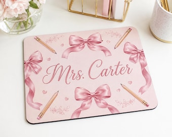 Personalized Teacher Mousepad, Coquette Bow Desk Mat, Custom Name Teacher Gift