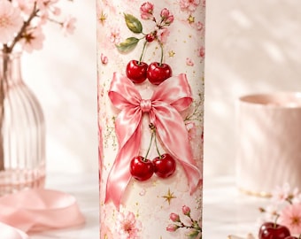 Personalized Cherry Blossom Tumbler, Coquette Floral Cup, Pink Bow Drinkware