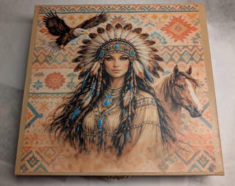 Southwestern Style Wooden Keepsake Box - 8.5x8 Handcrafted Storage - Geometric American Indian Inspired Design