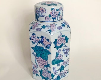 Chinese Tea Container. Asian Ginger Jar, Hand Painted Porcelain Tea Storage, Chinoiserie Tea Storage, Hand Painted Floral Porcelain