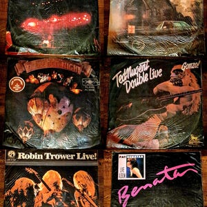 May include: A collection of six vintage vinyl record albums. Album covers include Bob Seger, Blue Oyster Cult, Three Dog Night, Ted Nugent, Robin Trower, and Pat Benatar. The album covers are in plastic sleeves.