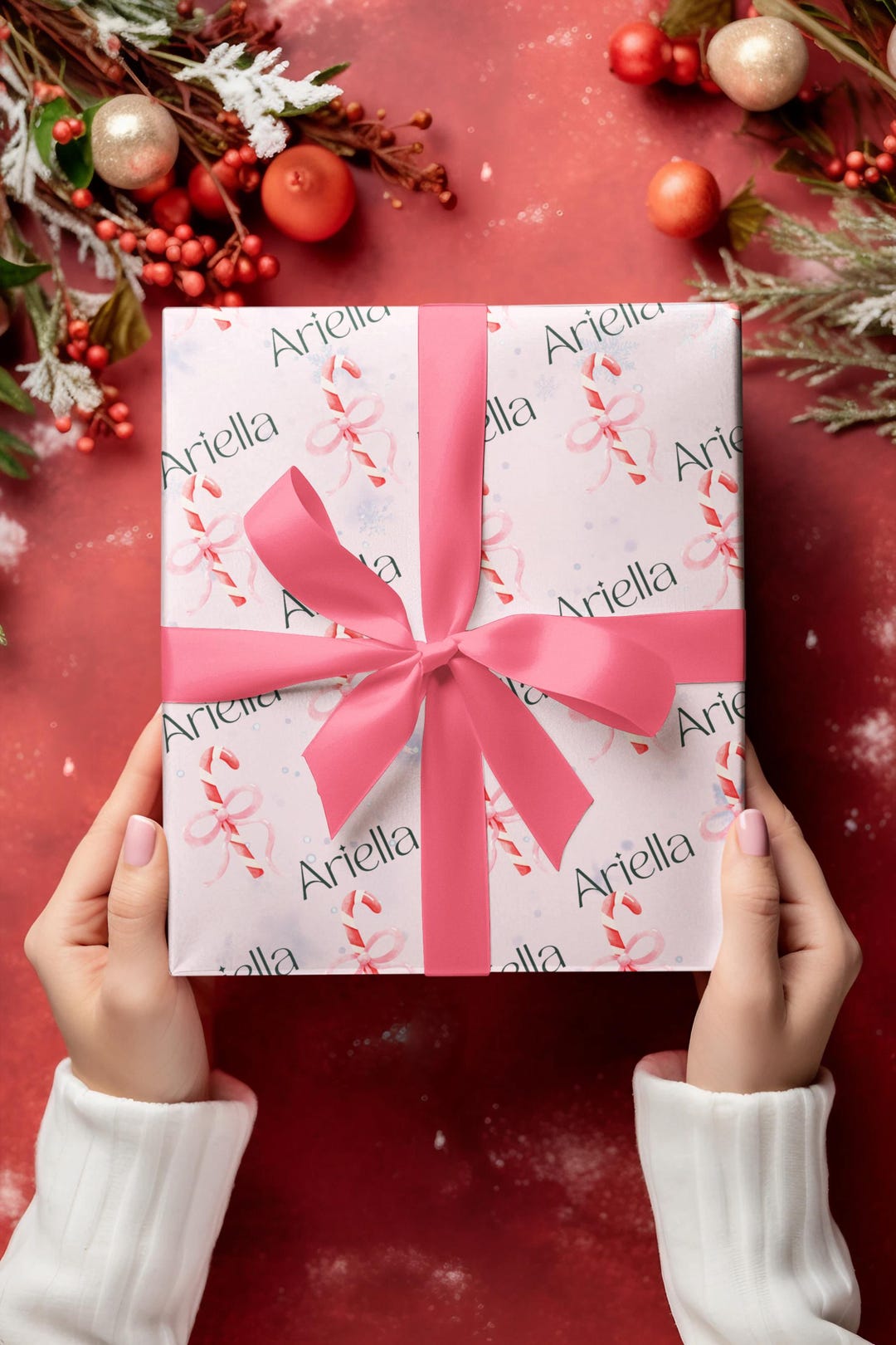Personalized Pink Wrapping Paper | Custom Name Candy Cane Gift Wrap ...