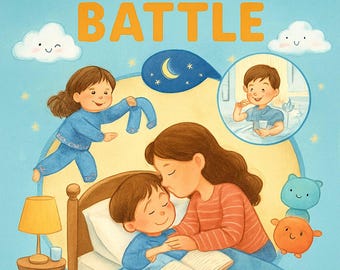 May include: A children's book cover titled "The Bedtime Battle" with illustrations of a family bedtime routine. The cover features a mother kissing a child in bed, a child brushing their teeth, and a child holding pajamas. The book is by Ada Iwuagwu.